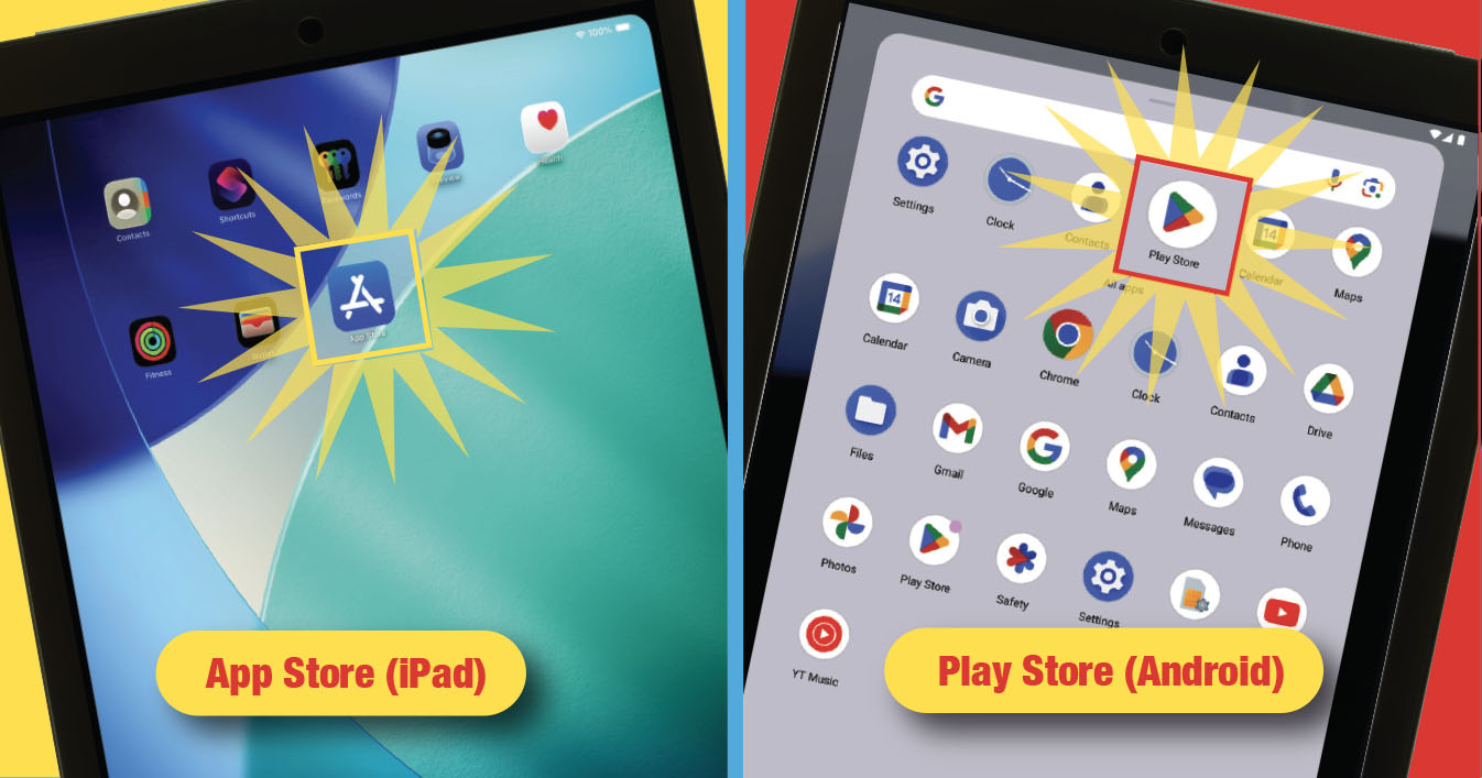 The App Store icon on an iPad and the Play Store icon on an Android tablet